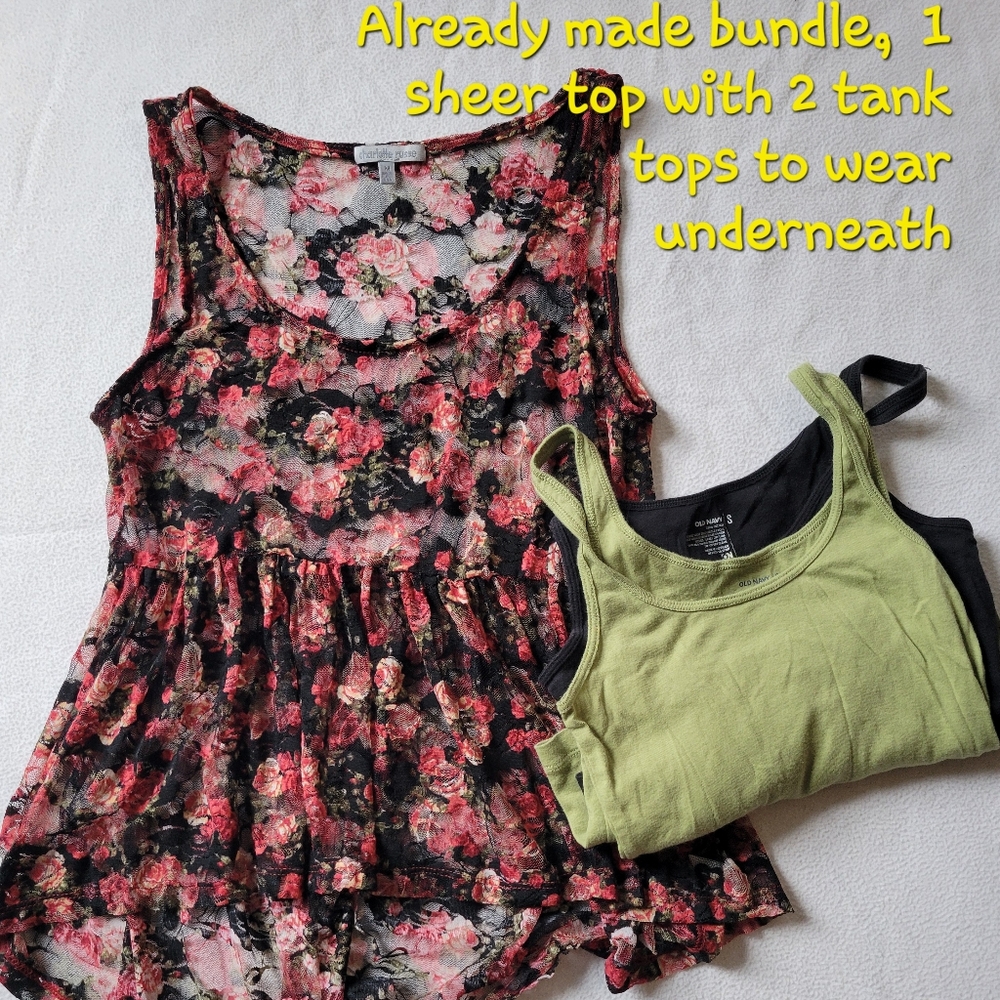 Charlotte Russe Floral Sheer Top with Old Navy Green & Black Tank Tops To Layer